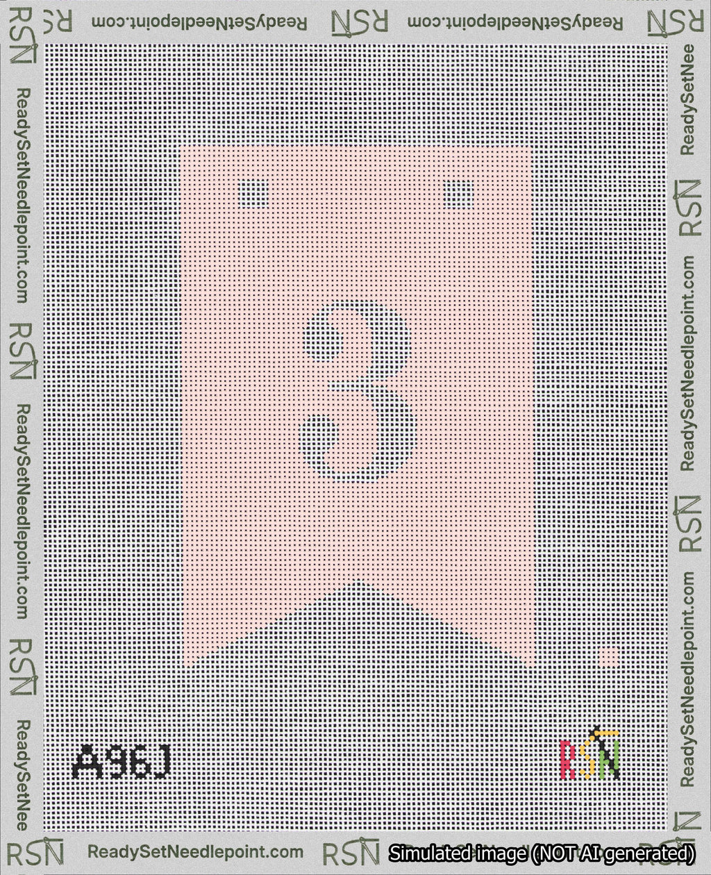 A taped needlepoint canvas with the design: Banner 18 mesh count Forked 3 White on Pink.