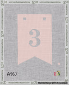 A taped needlepoint canvas with the design: Banner 18 mesh count Forked 3 White on Pink.