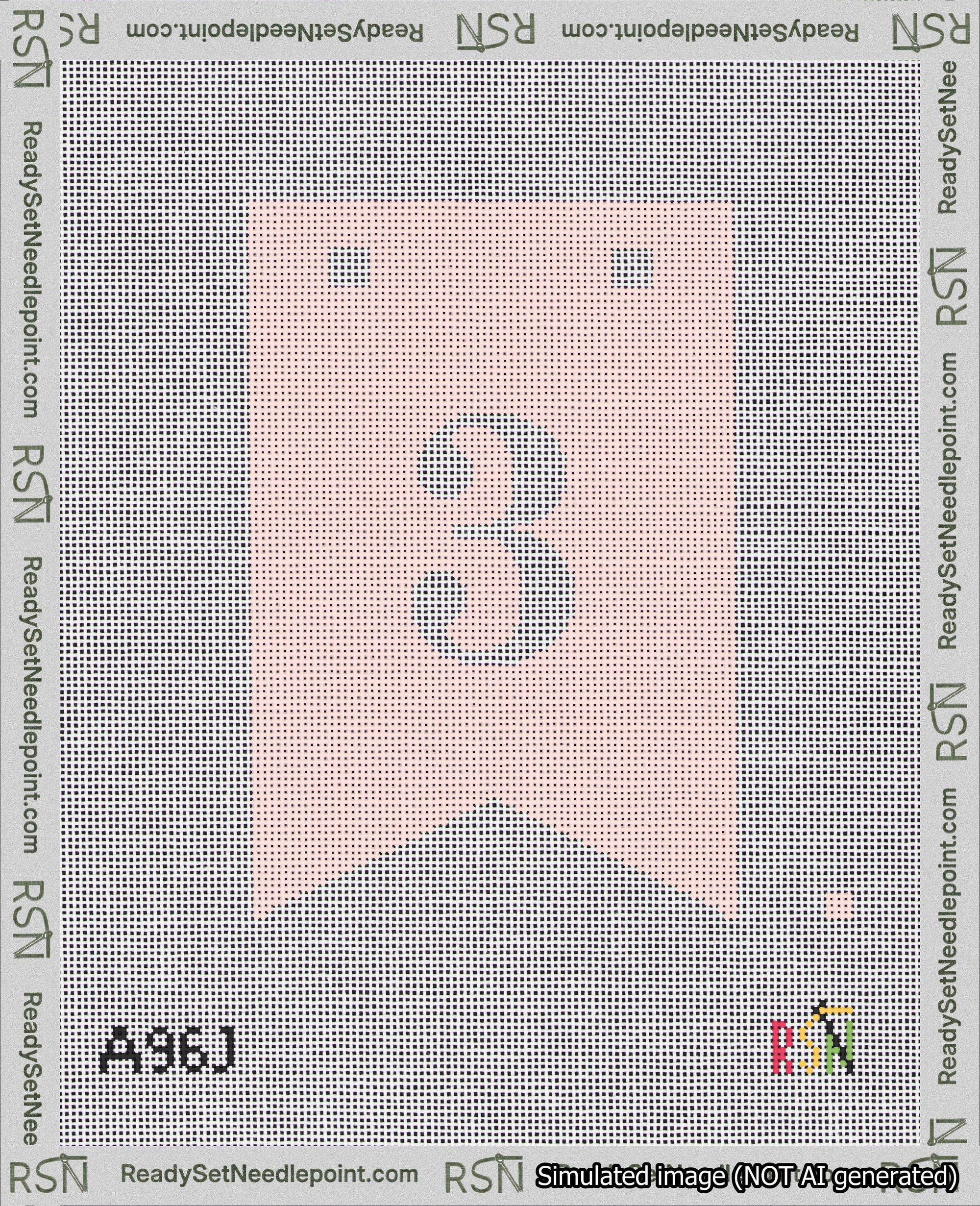 A taped needlepoint canvas with the design: Banner 18 mesh count Forked 3 White on Pink.