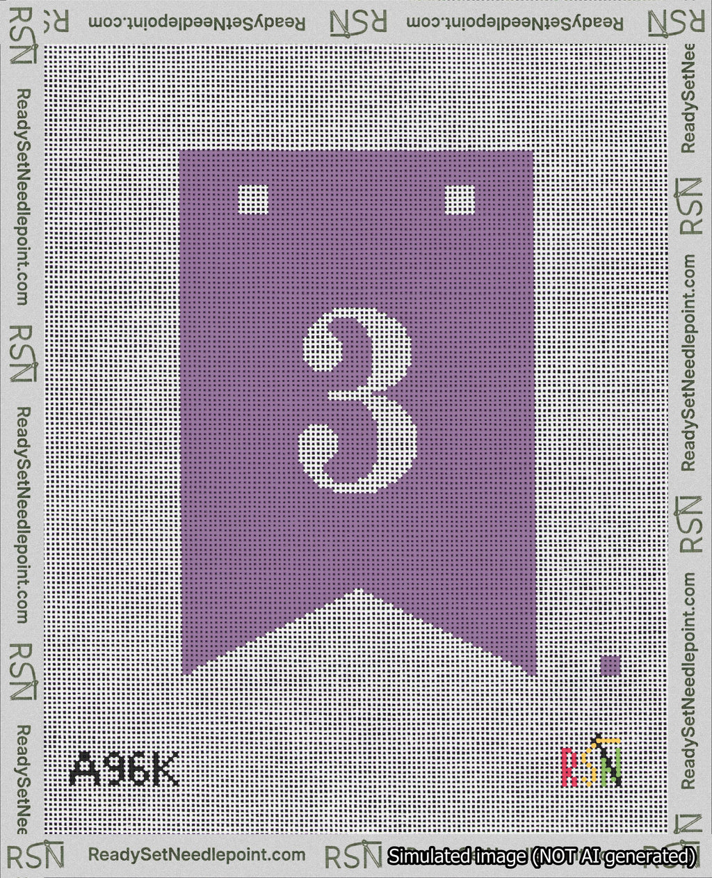A taped needlepoint canvas with the design: Banner 18 mesh count Forked 3 White on Purple.
