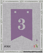 A taped needlepoint canvas with the design: Banner 18 mesh count Forked 3 White on Purple.