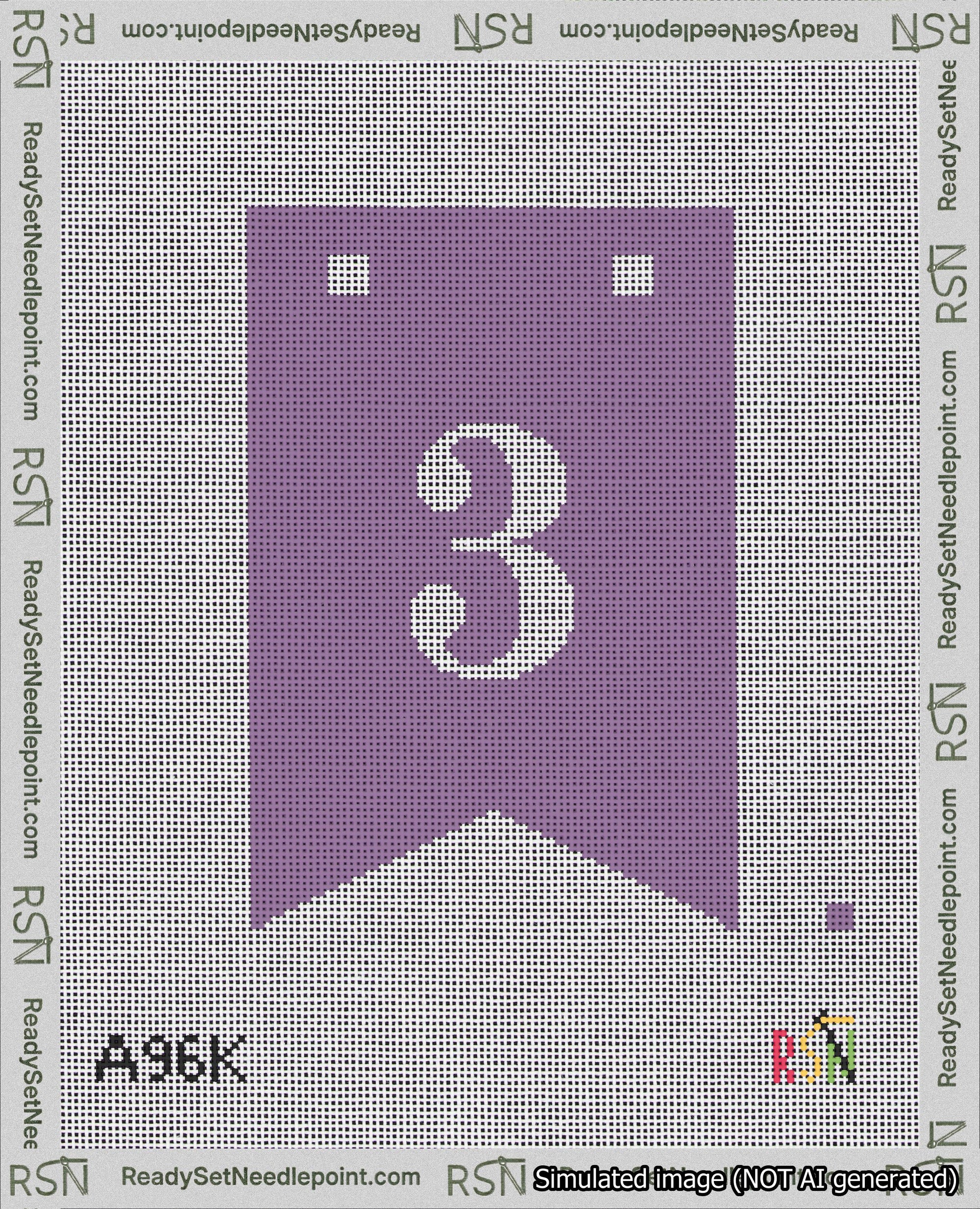 A taped needlepoint canvas with the design: Banner 18 mesh count Forked 3 White on Purple.