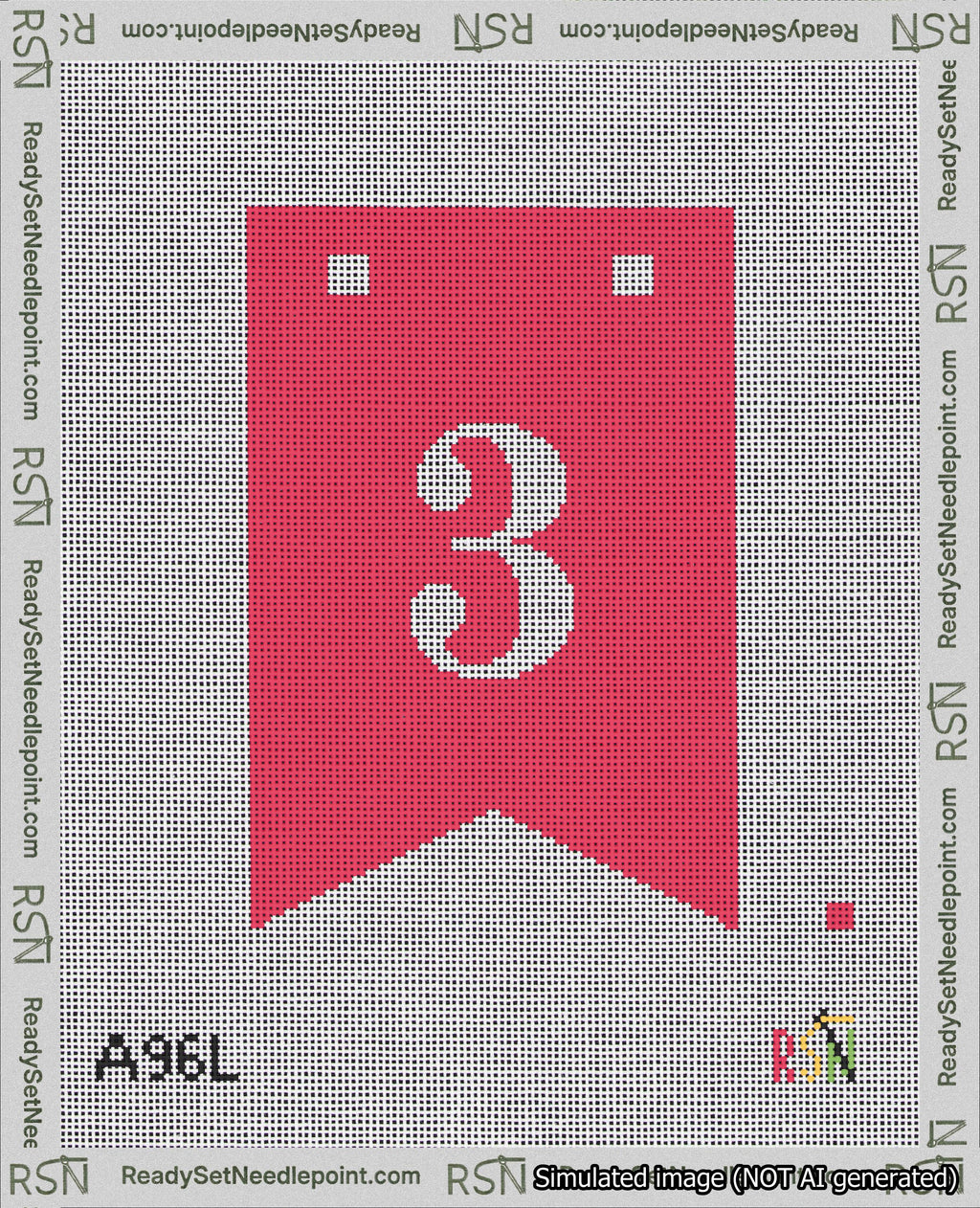 A taped needlepoint canvas with the design: Banner 18 mesh count Forked 3 White on Red.