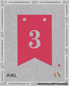A taped needlepoint canvas with the design: Banner 18 mesh count Forked 3 White on Red.