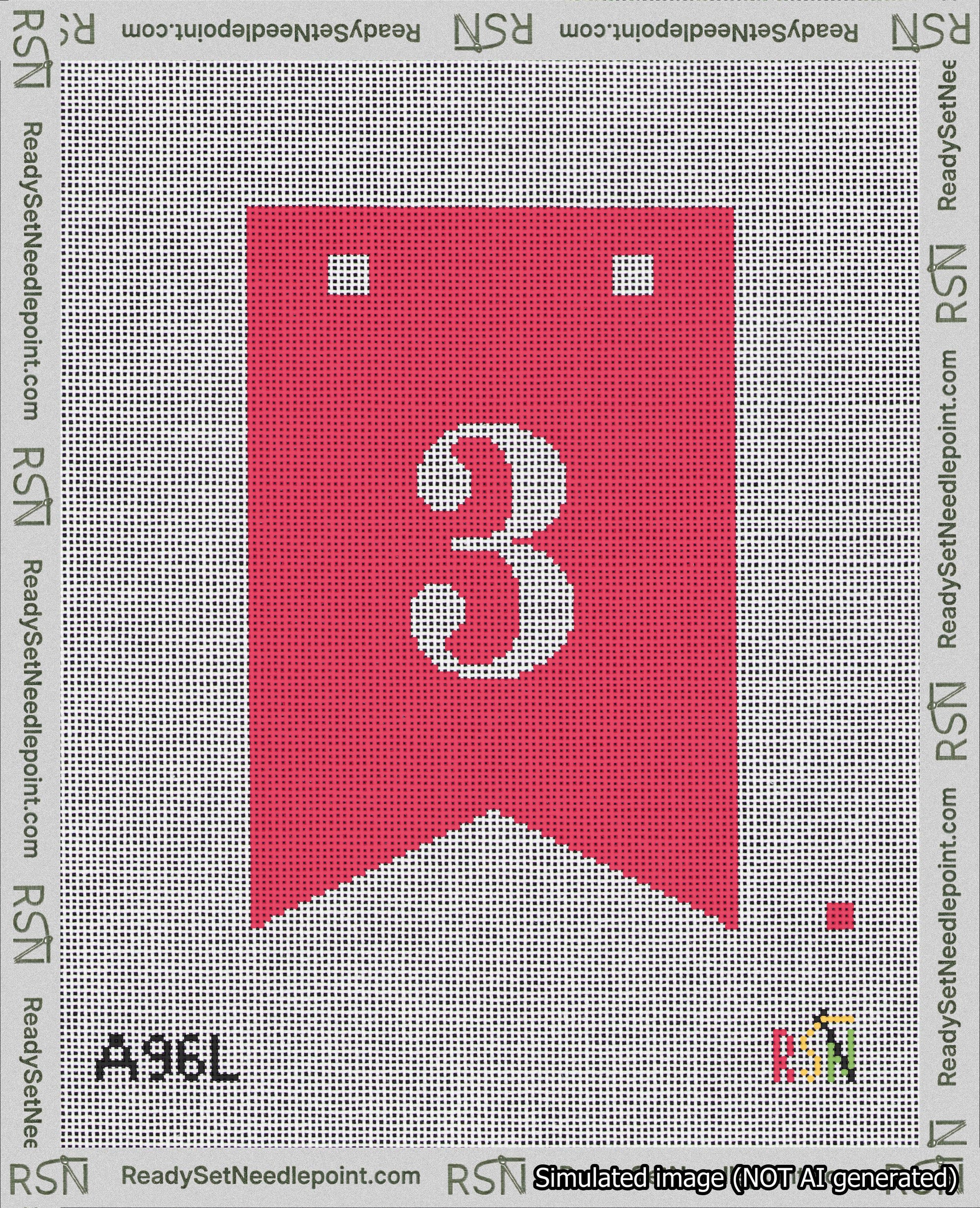A taped needlepoint canvas with the design: Banner 18 mesh count Forked 3 White on Red.