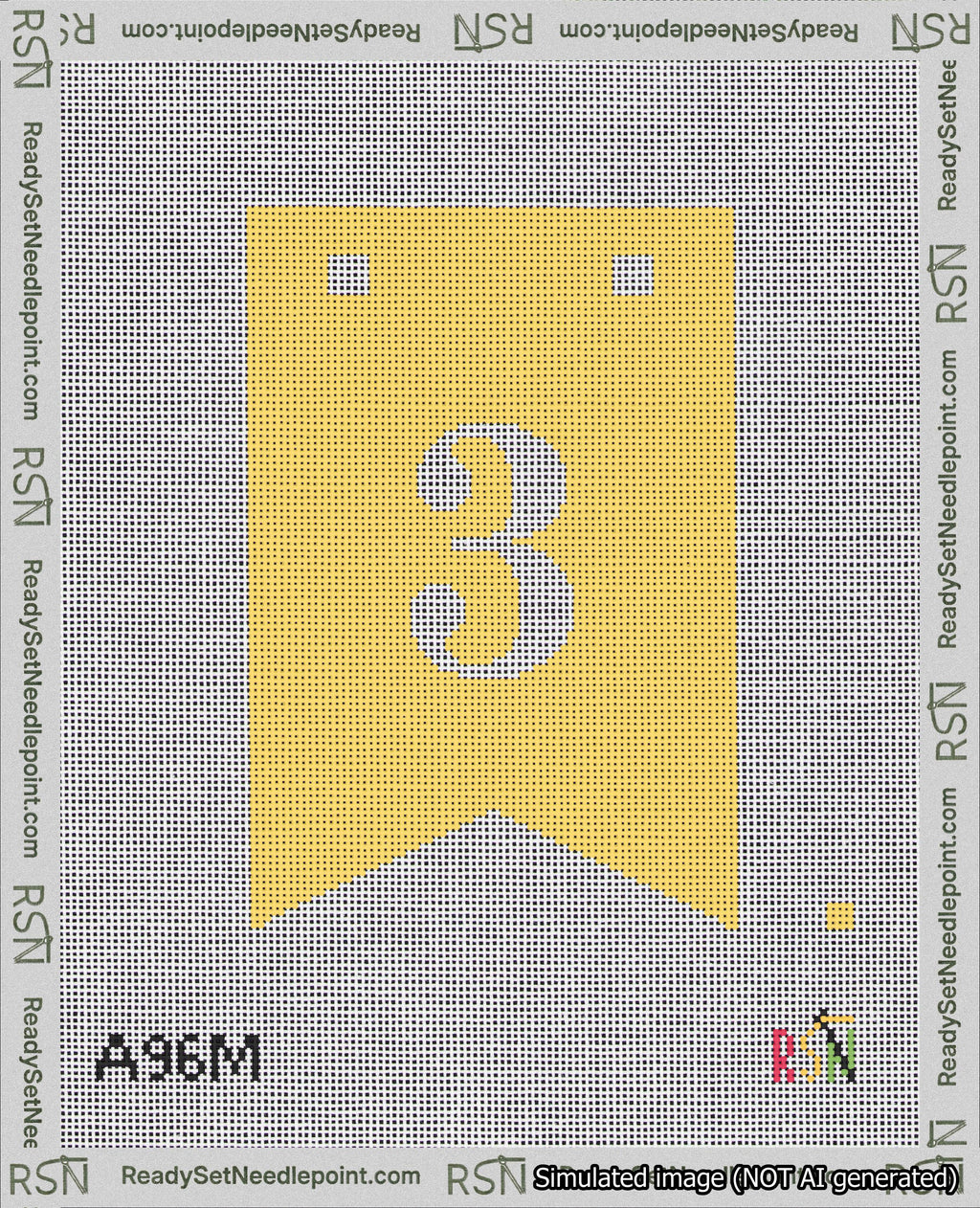 A taped needlepoint canvas with the design: Banner 18 mesh count Forked 3 White on Yellow.