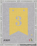 A taped needlepoint canvas with the design: Banner 18 mesh count Forked 3 White on Yellow.