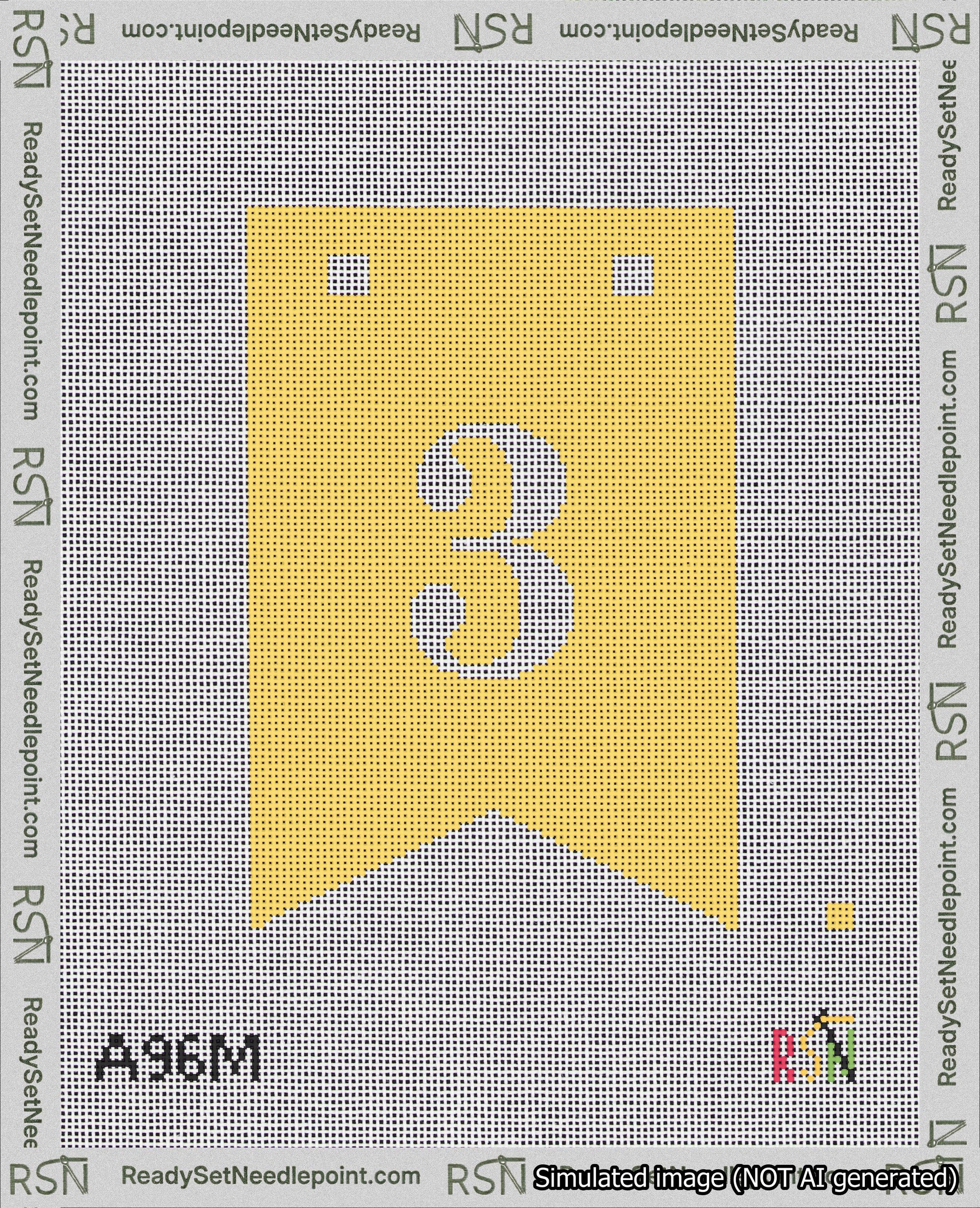 A taped needlepoint canvas with the design: Banner 18 mesh count Forked 3 White on Yellow.