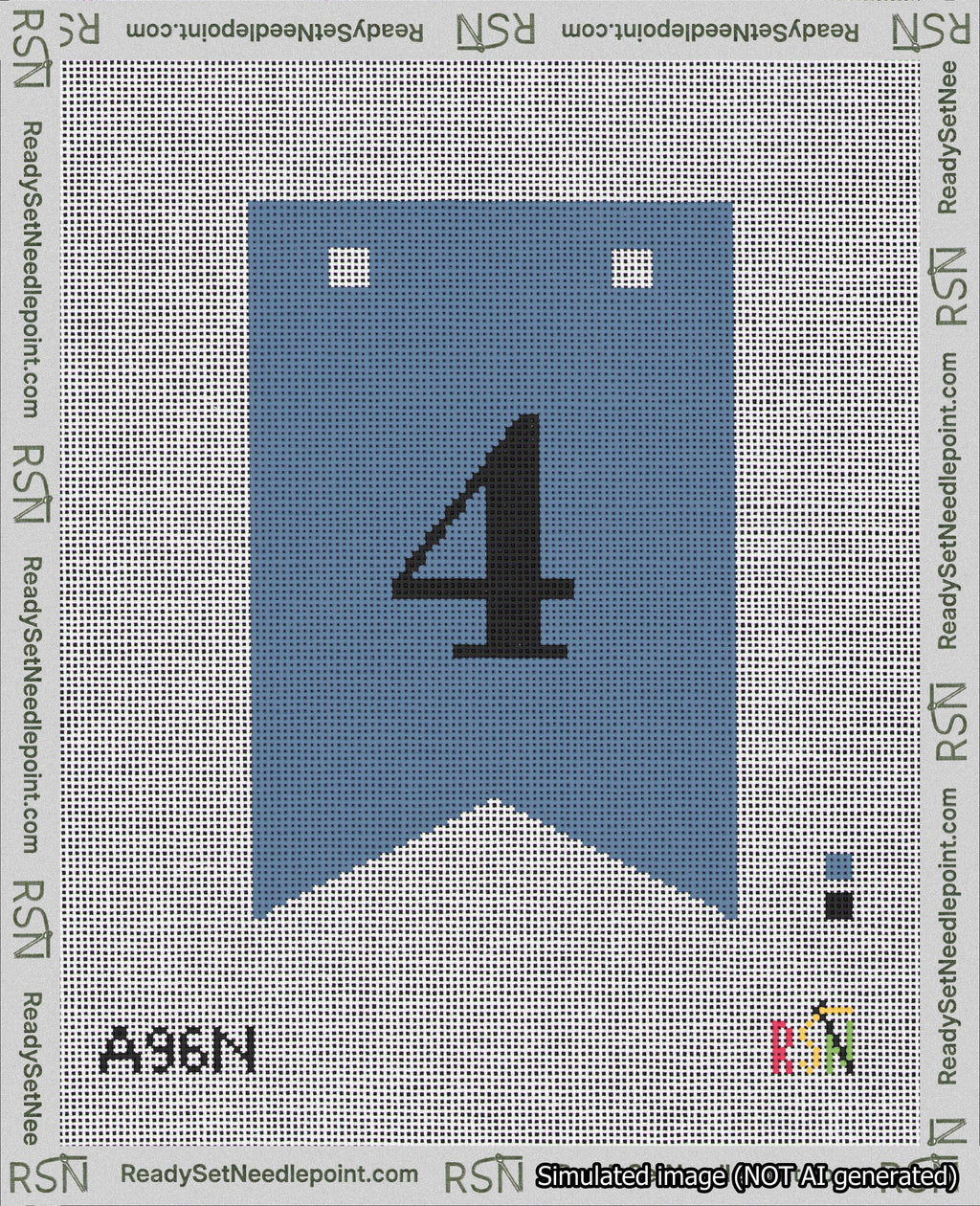 A taped needlepoint canvas with the design: Banner 18 mesh count Forked 4 Black on Blue.