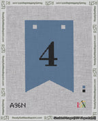 A taped needlepoint canvas with the design: Banner 18 mesh count Forked 4 Black on Blue.