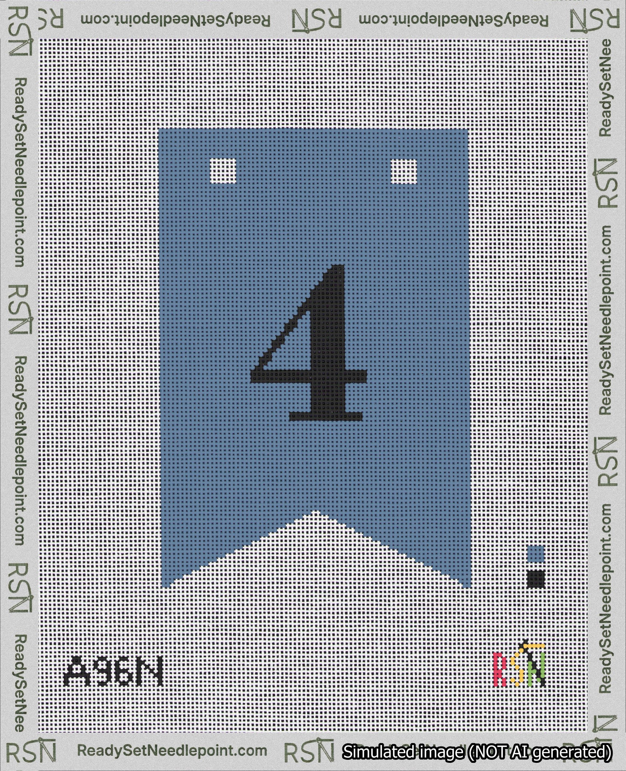 A taped needlepoint canvas with the design: Banner 18 mesh count Forked 4 Black on Blue.