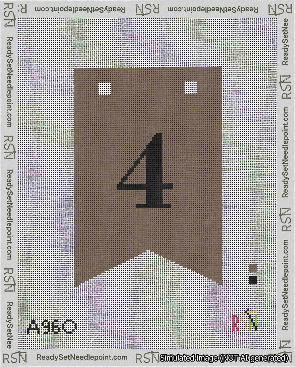 A taped needlepoint canvas with the design: Banner 18 mesh count Forked 4 Black on Brown.