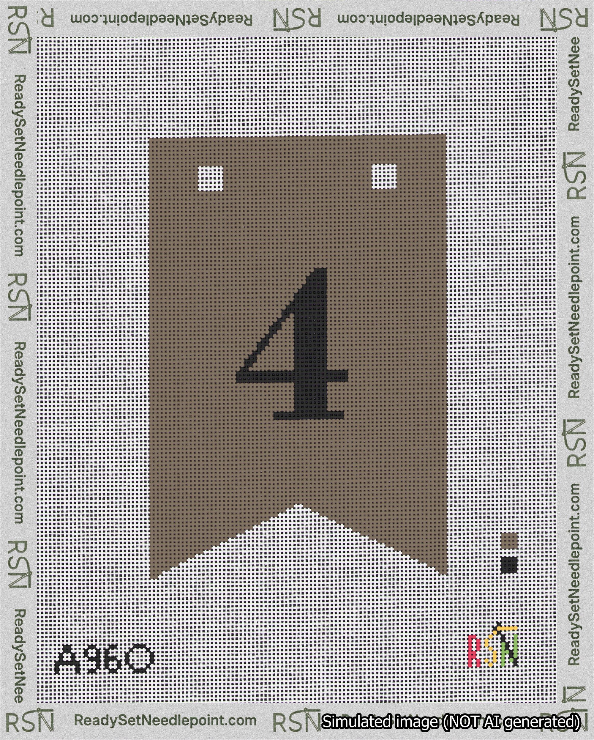 A taped needlepoint canvas with the design: Banner 18 mesh count Forked 4 Black on Brown.