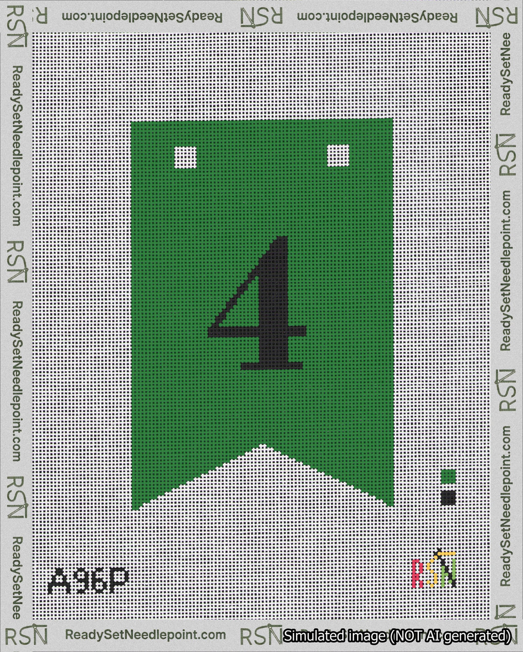 A taped needlepoint canvas with the design: Banner 18 mesh count Forked 4 Black on Green.