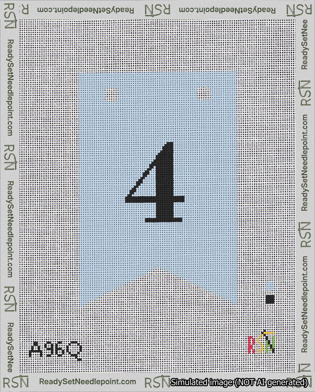 A taped needlepoint canvas with the design: Banner 18 mesh count Forked 4 Black on Light Blue.