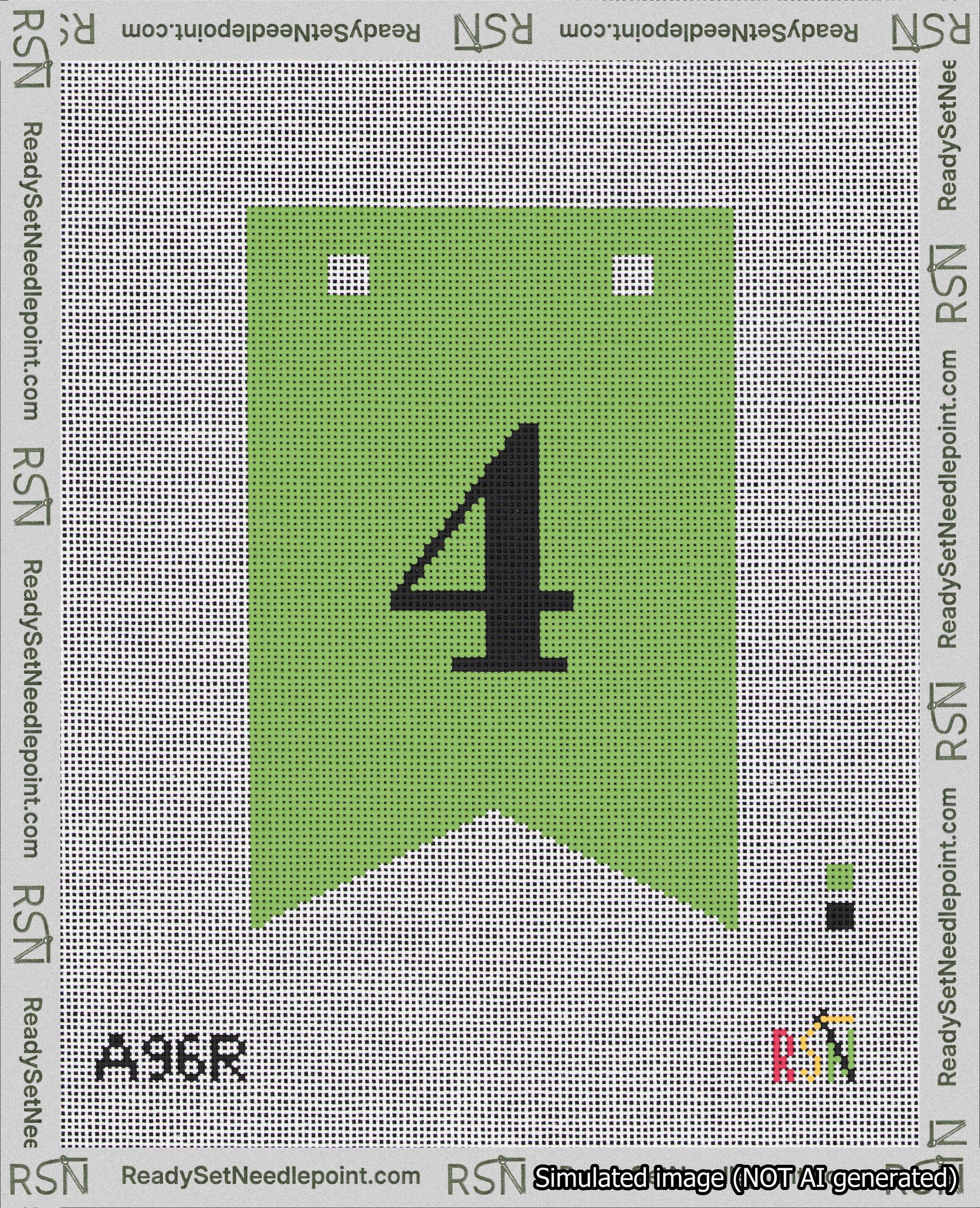 A taped needlepoint canvas with the design: Banner 18 mesh count Forked 4 Black on Light Green.