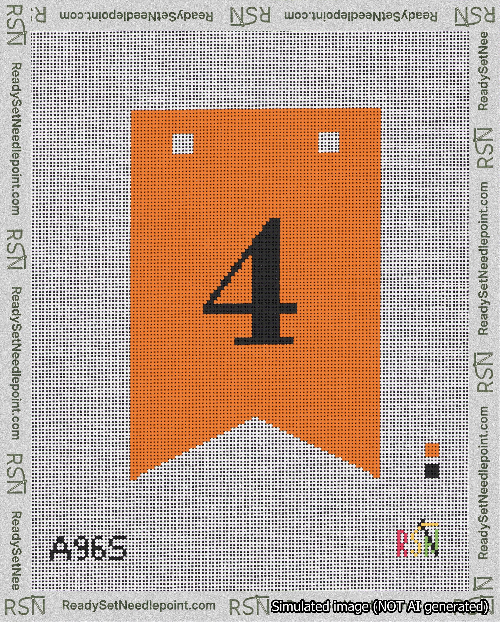 A taped needlepoint canvas with the design: Banner 18 mesh count Forked 4 Black on Orange.