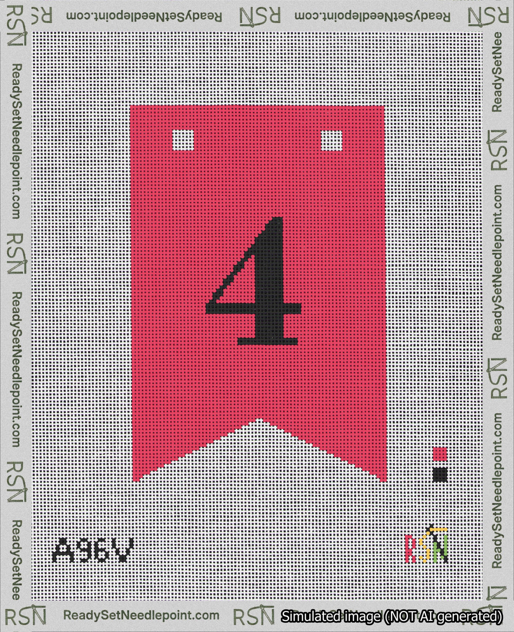 A taped needlepoint canvas with the design: Banner 18 mesh count Forked 4 Black on Red.