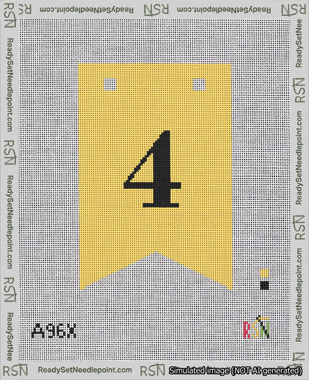 A taped needlepoint canvas with the design: Banner 18 mesh count Forked 4 Black on Yellow.