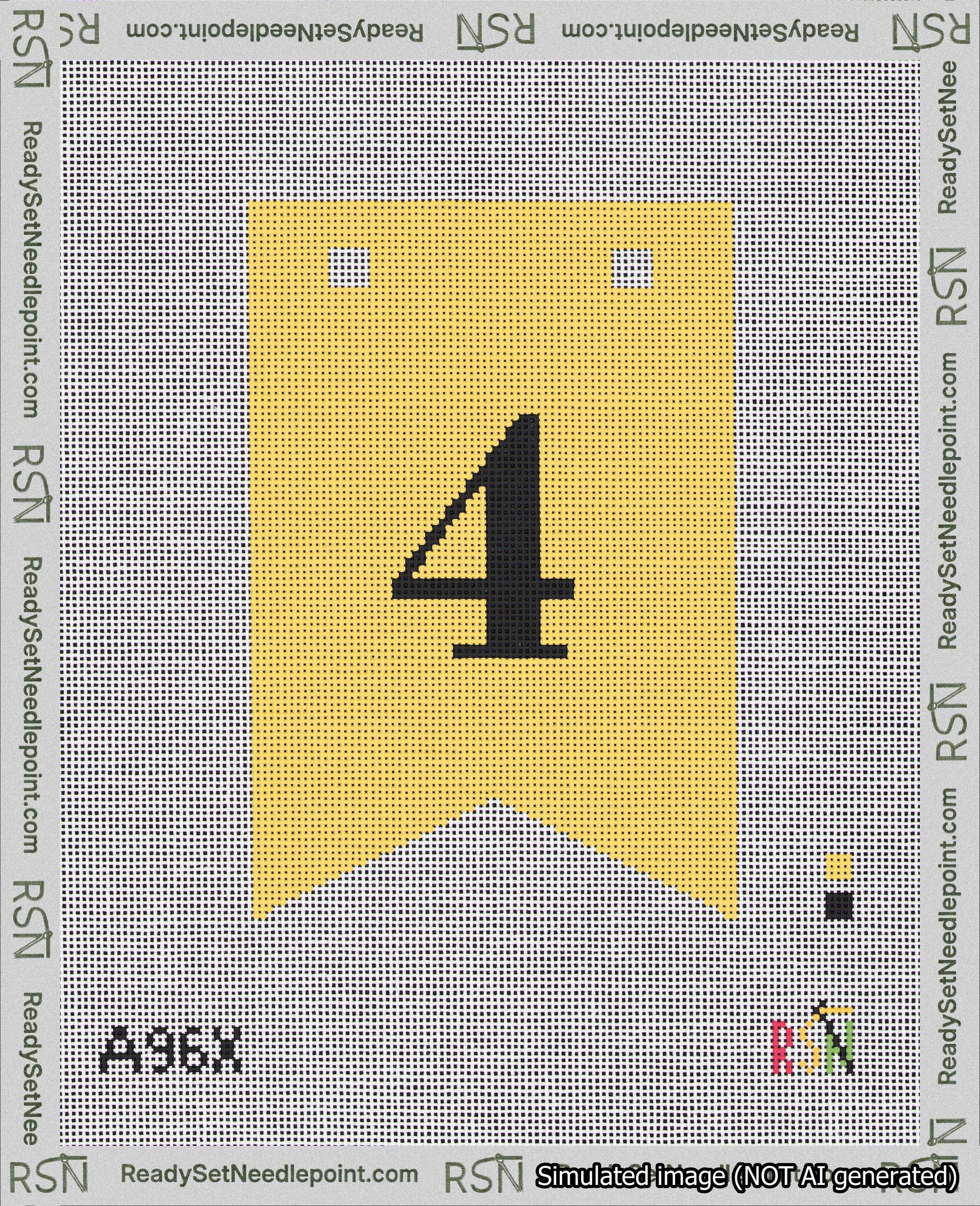 A taped needlepoint canvas with the design: Banner 18 mesh count Forked 4 Black on Yellow.