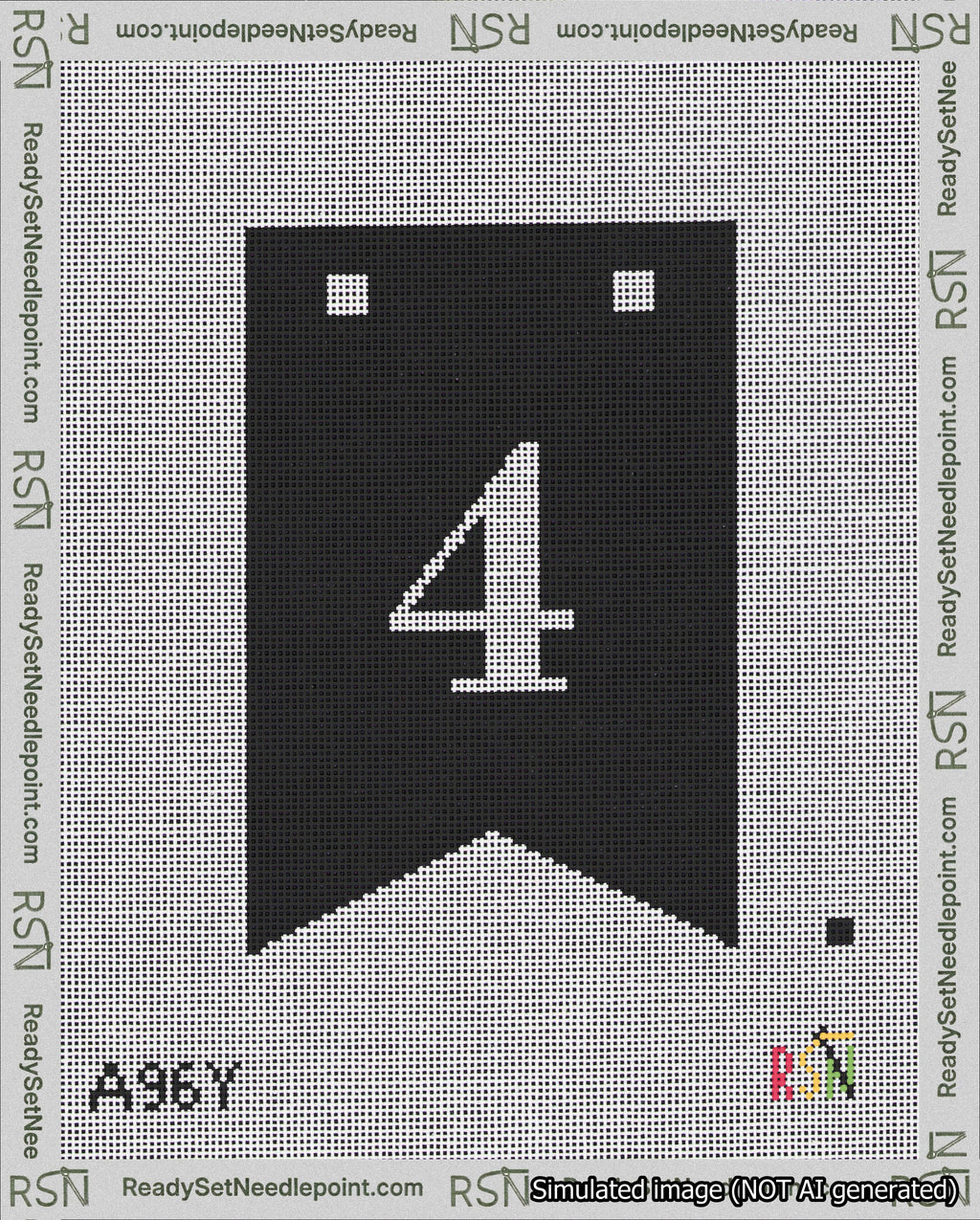 A taped needlepoint canvas with the design: Banner 18 mesh count Forked 4 White on Black.