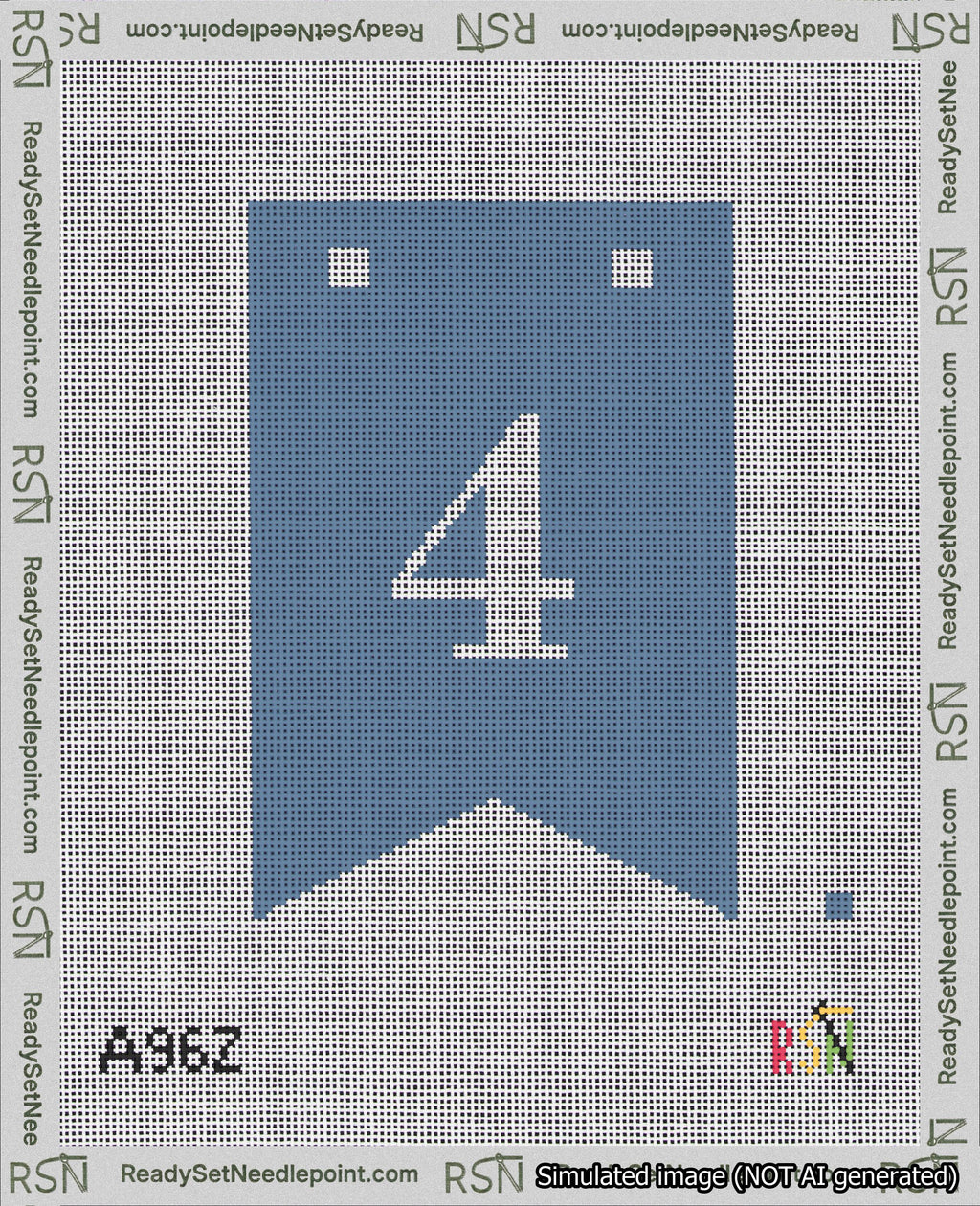 A taped needlepoint canvas with the design: Banner 18 mesh count Forked 4 White on Blue.