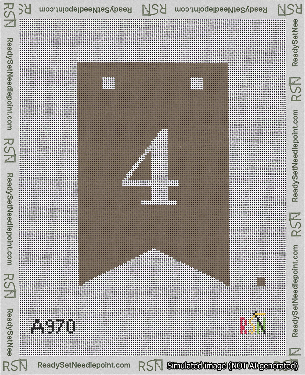 A taped needlepoint canvas with the design: Banner 18 mesh count Forked 4 White on Brown.