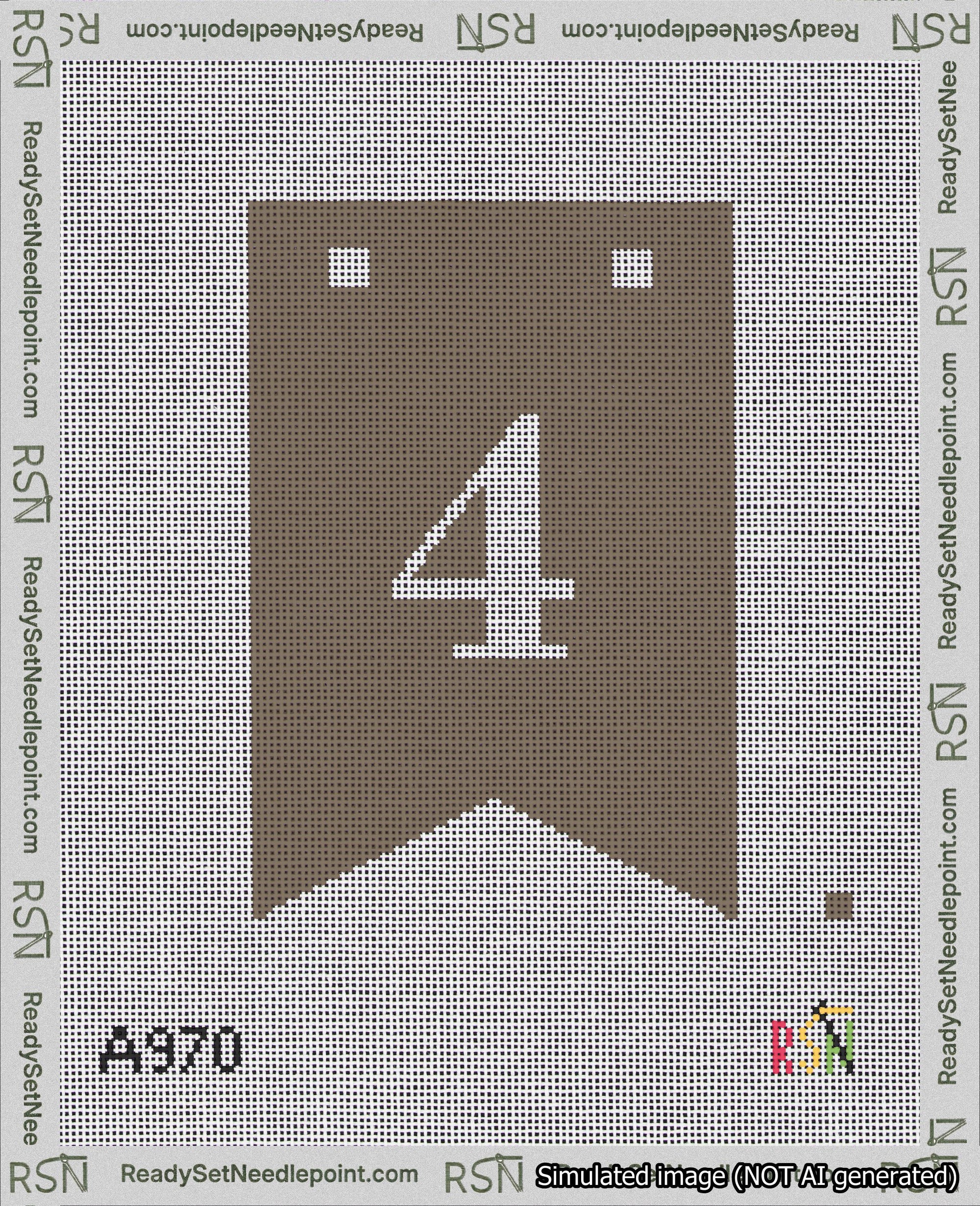 A taped needlepoint canvas with the design: Banner 18 mesh count Forked 4 White on Brown.