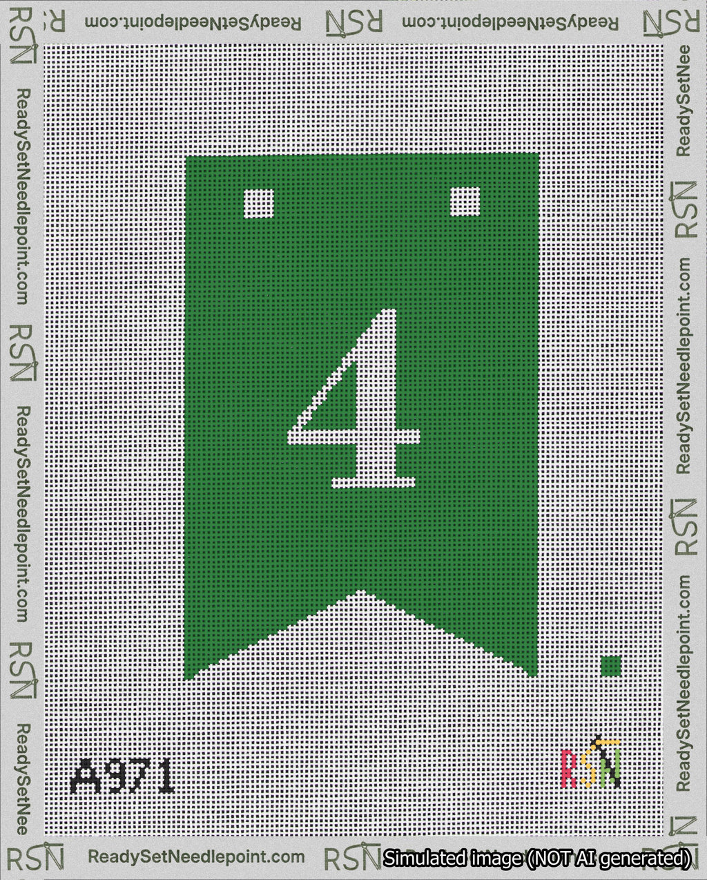 A taped needlepoint canvas with the design: Banner 18 mesh count Forked 4 White on Green.