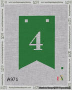 A taped needlepoint canvas with the design: Banner 18 mesh count Forked 4 White on Green.