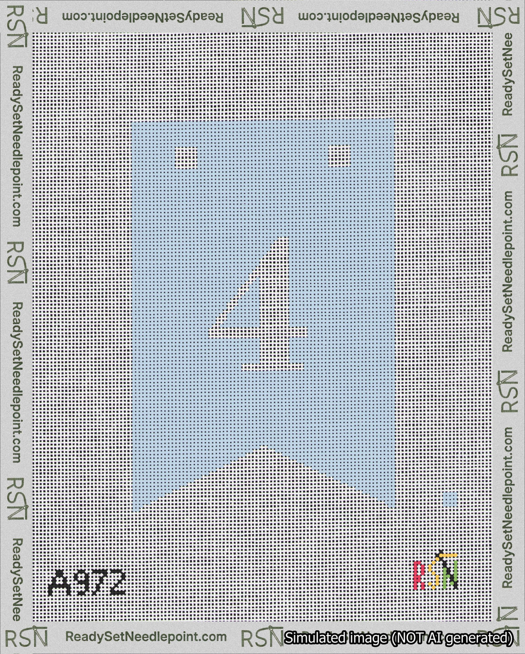 A taped needlepoint canvas with the design: Banner 18 mesh count Forked 4 White on Light Blue.
