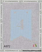A taped needlepoint canvas with the design: Banner 18 mesh count Forked 4 White on Light Blue.