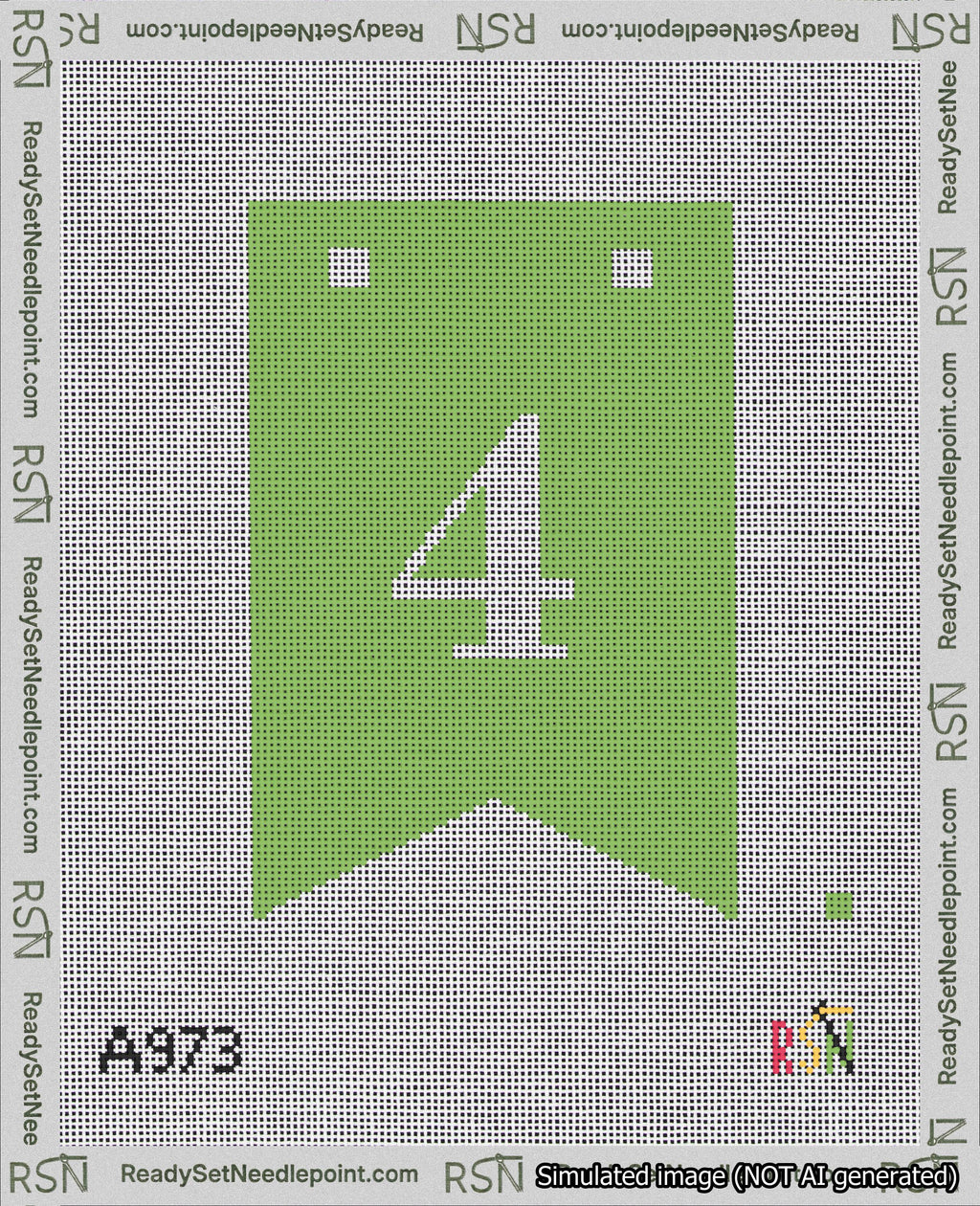 A taped needlepoint canvas with the design: Banner 18 mesh count Forked 4 White on Light Green.
