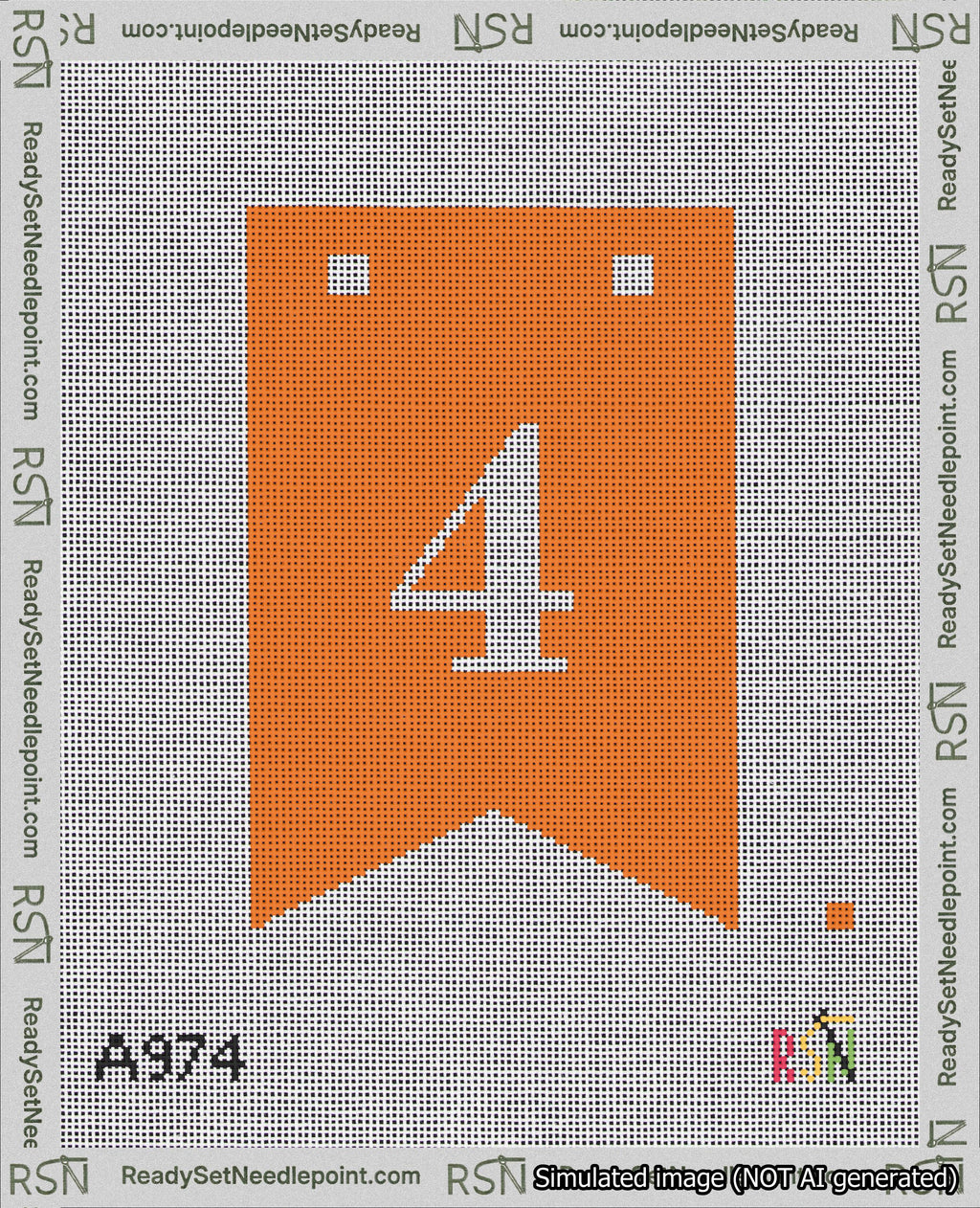 A taped needlepoint canvas with the design: Banner 18 mesh count Forked 4 White on Orange.