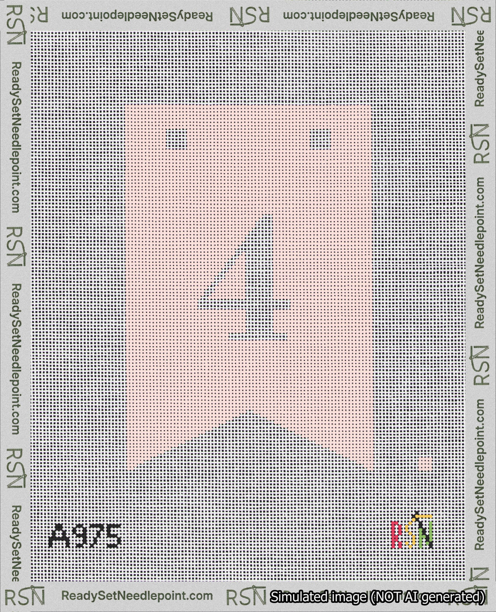 A taped needlepoint canvas with the design: Banner 18 mesh count Forked 4 White on Pink.