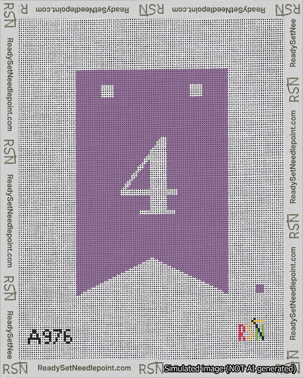 A taped needlepoint canvas with the design: Banner 18 mesh count Forked 4 White on Purple.