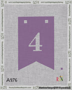 A taped needlepoint canvas with the design: Banner 18 mesh count Forked 4 White on Purple.