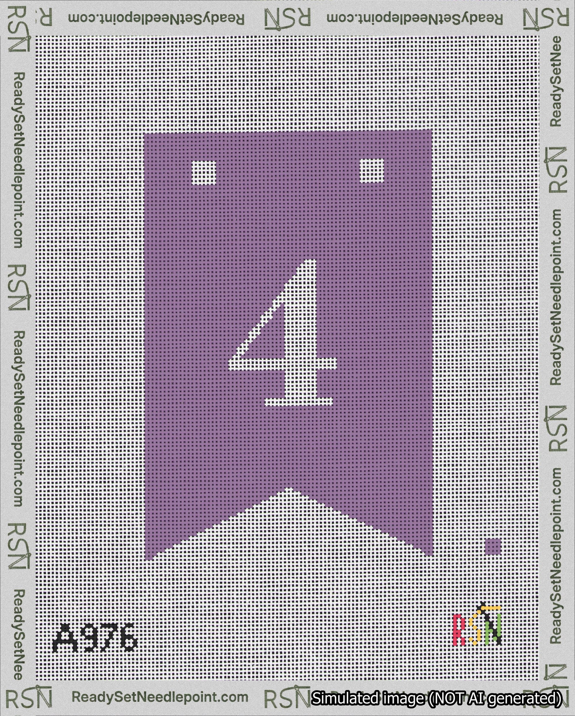 A taped needlepoint canvas with the design: Banner 18 mesh count Forked 4 White on Purple.