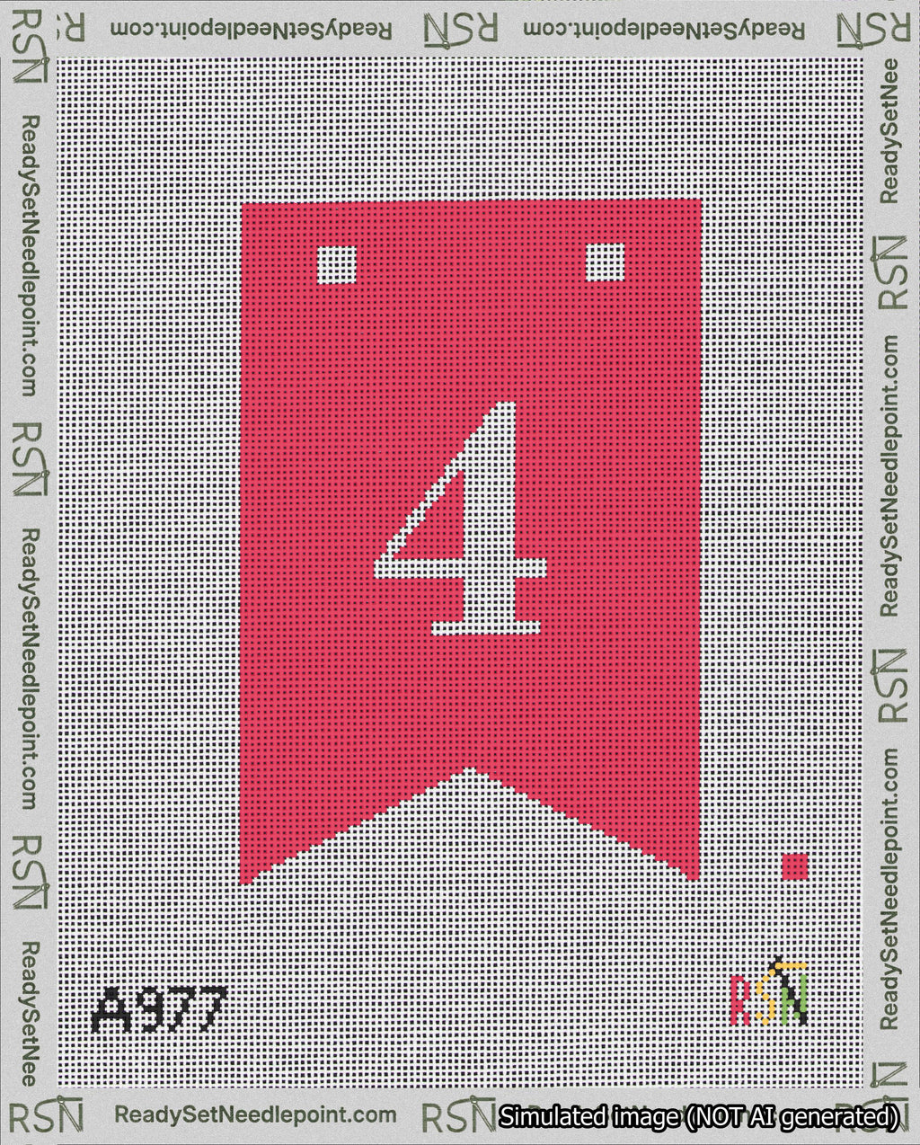 A taped needlepoint canvas with the design: Banner 18 mesh count Forked 4 White on Red.