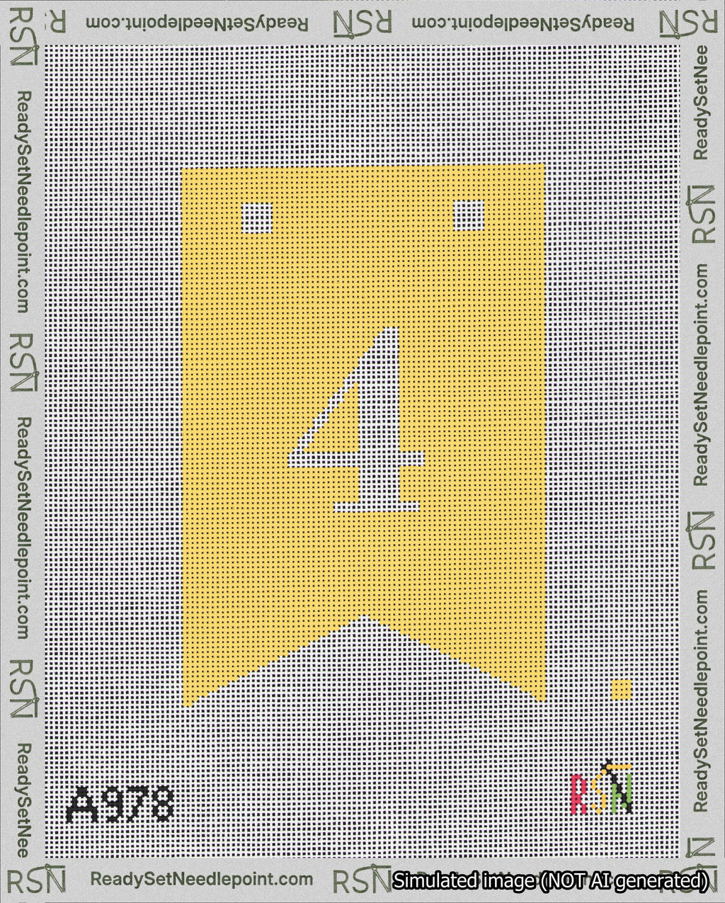 A taped needlepoint canvas with the design: Banner 18 mesh count Forked 4 White on Yellow.