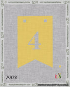 A taped needlepoint canvas with the design: Banner 18 mesh count Forked 4 White on Yellow.