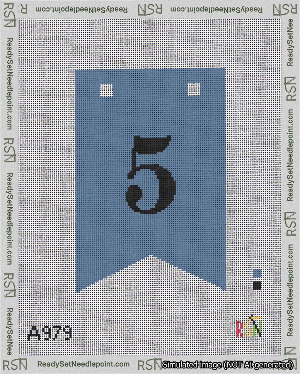 A taped needlepoint canvas with the design: Banner 18 mesh count Forked 5 Black on Blue.