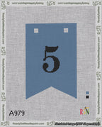 A taped needlepoint canvas with the design: Banner 18 mesh count Forked 5 Black on Blue.