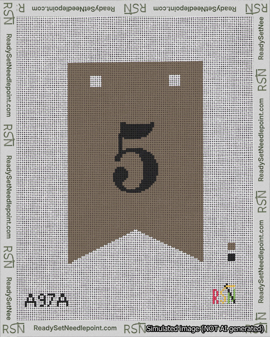 A taped needlepoint canvas with the design: Banner 18 mesh count Forked 5 Black on Brown.