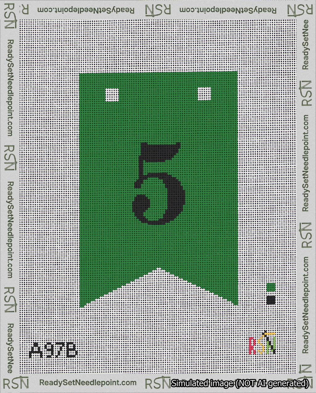A taped needlepoint canvas with the design: Banner 18 mesh count Forked 5 Black on Green.
