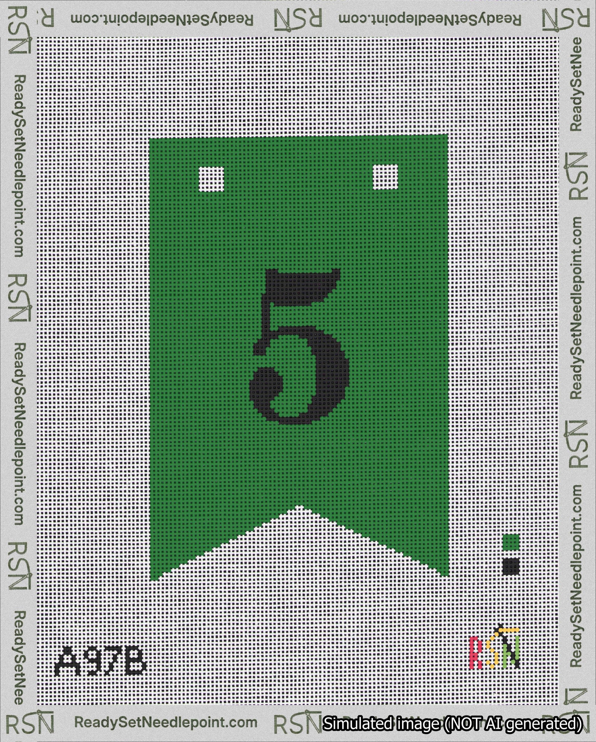 A taped needlepoint canvas with the design: Banner 18 mesh count Forked 5 Black on Green.