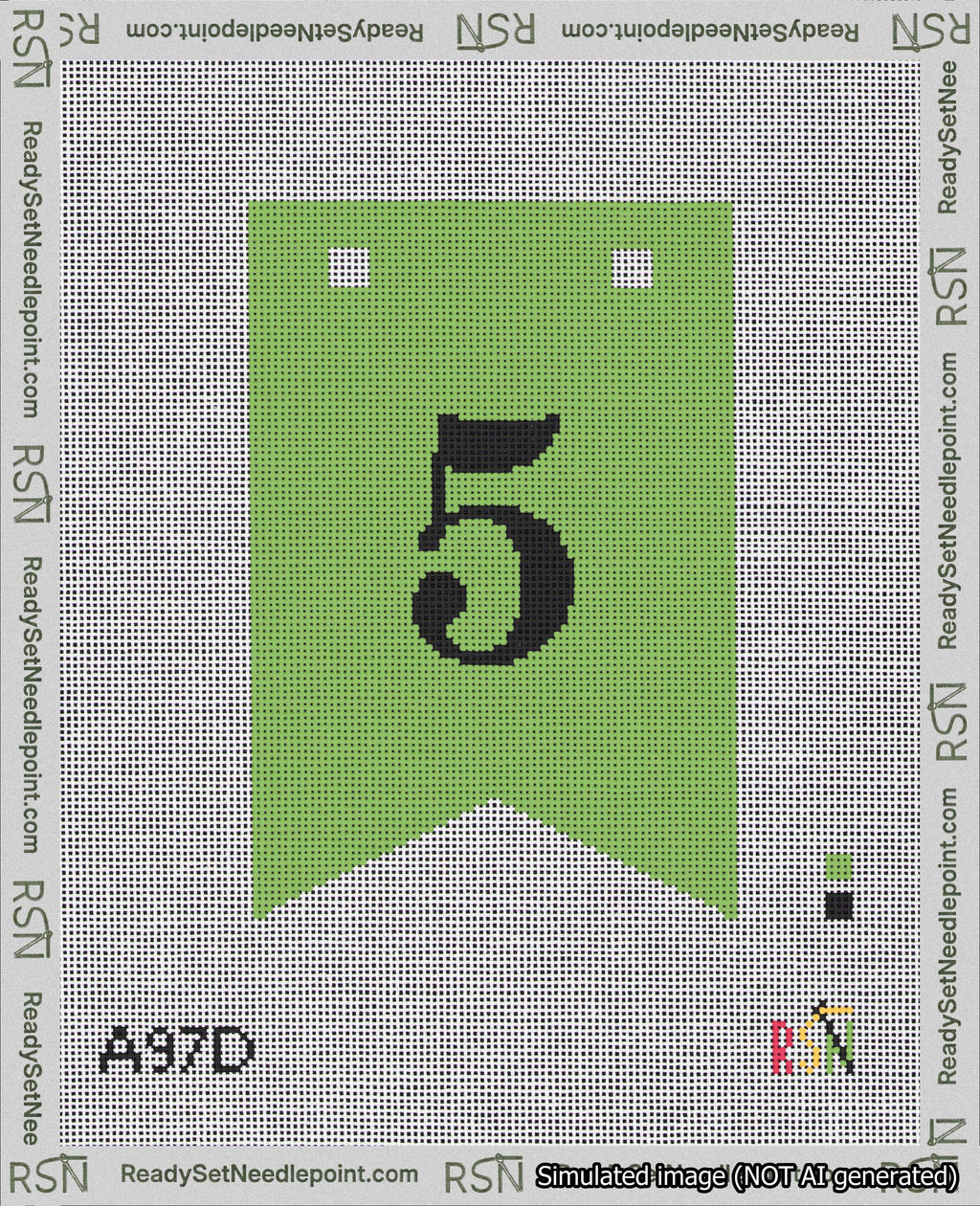 A taped needlepoint canvas with the design: Banner 18 mesh count Forked 5 Black on Light Green.