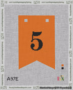 A taped needlepoint canvas with the design: Banner 18 mesh count Forked 5 Black on Orange.