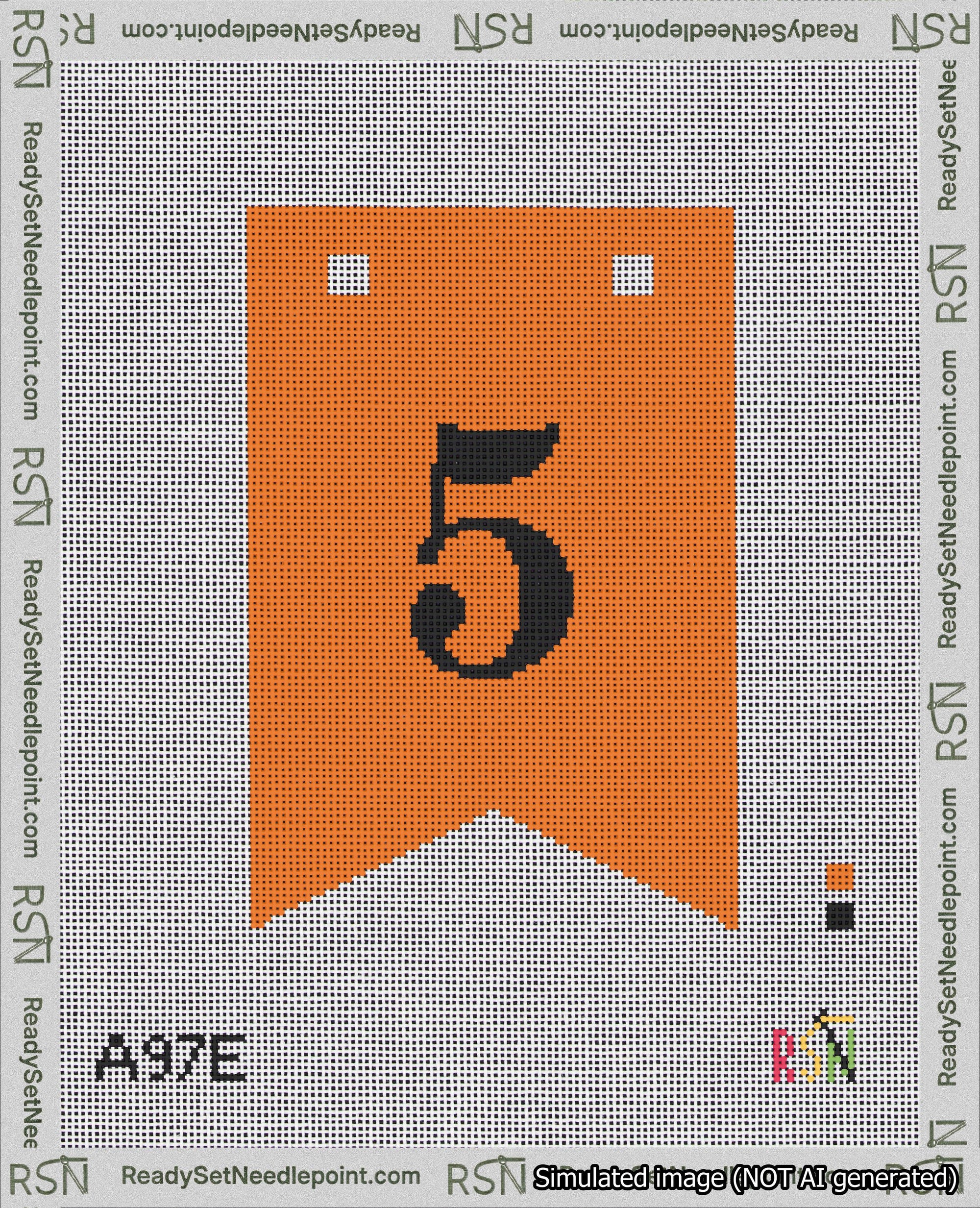 A taped needlepoint canvas with the design: Banner 18 mesh count Forked 5 Black on Orange.
