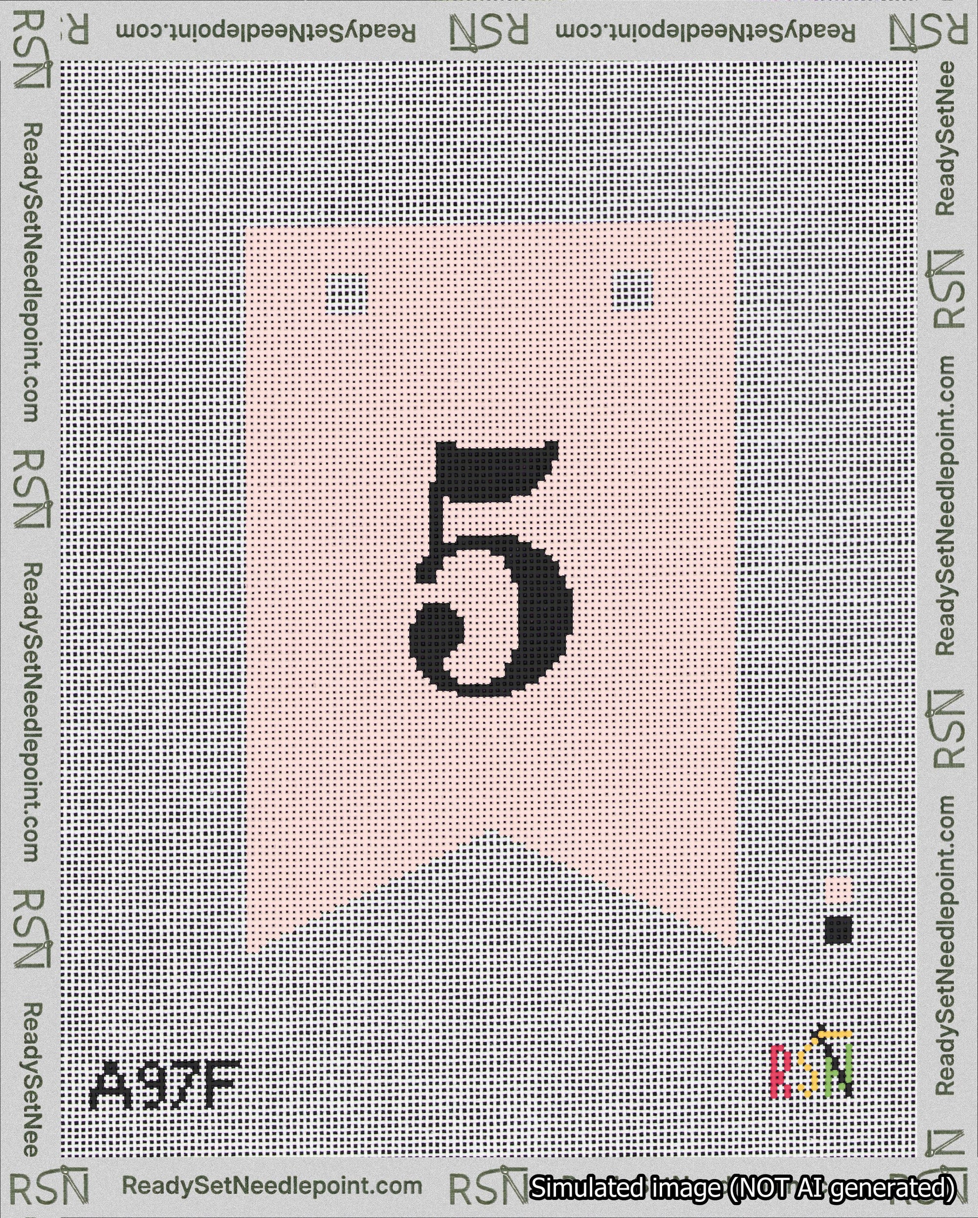 A taped needlepoint canvas with the design: Banner 18 mesh count Forked 5 Black on Pink.
